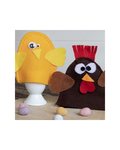 Hen and chick egg cosies