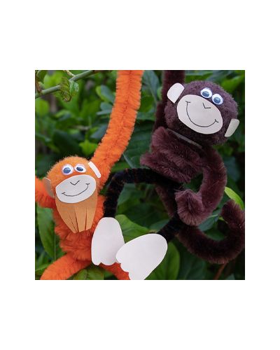 A brown monkey and an orangutan made from wooden spools and pipecleaners
