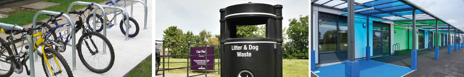 Bike rack, waste bin and canopy shelter