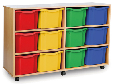 Triple tray unit with blue, red, green and yellow trays